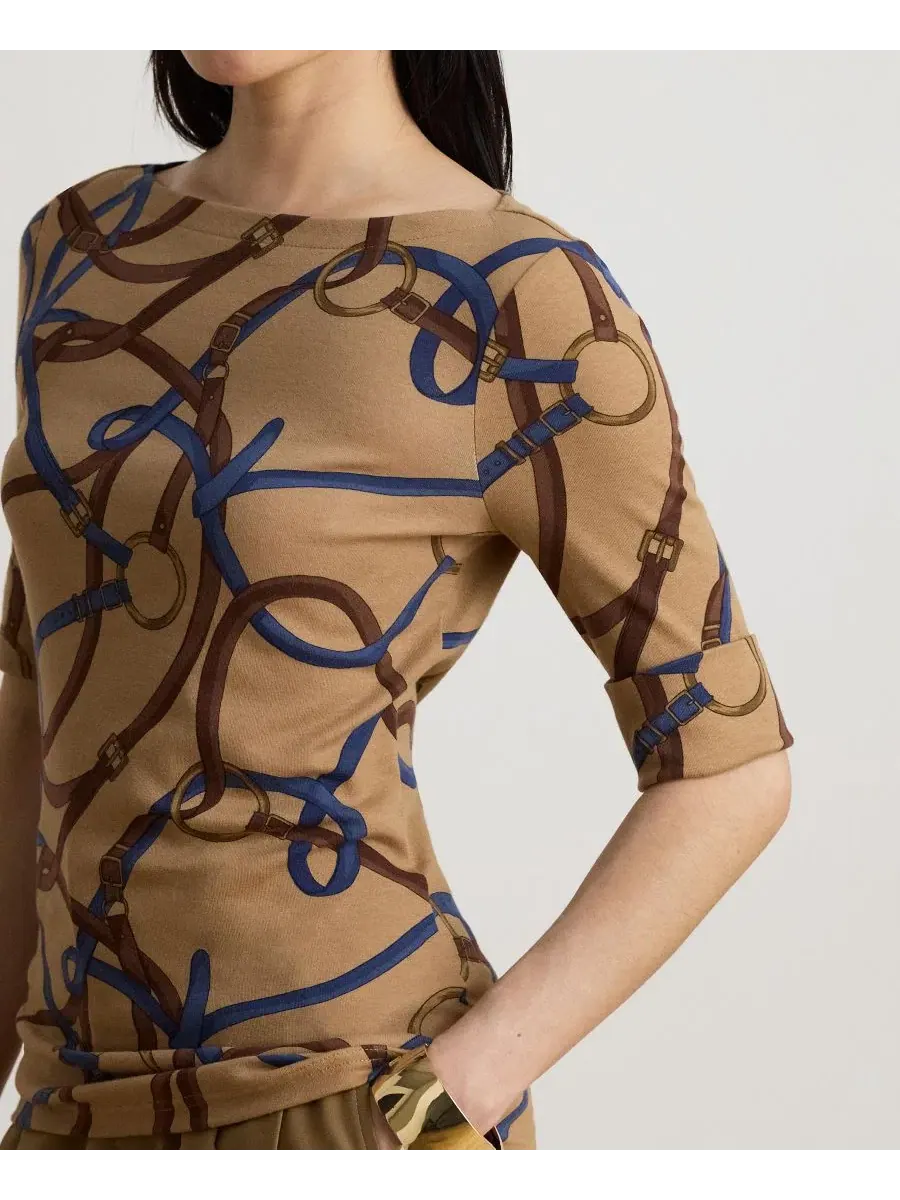 Топ с принтом в стиле конной тематики, с лодочным вырезом и рукавом до локтя Lauren Ralph Lauren — изображение 4 из 8, мульти