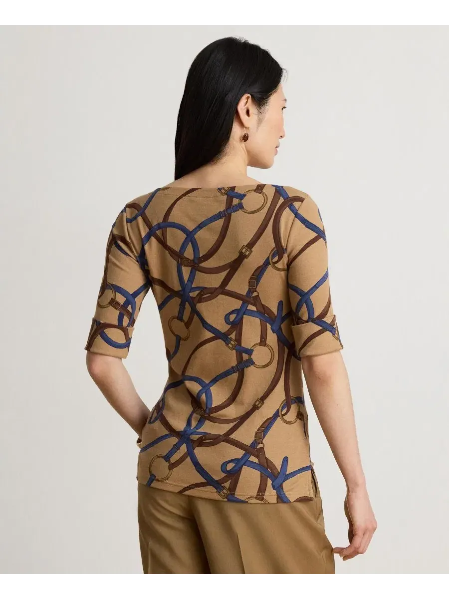 Топ с принтом в стиле конной тематики, с лодочным вырезом и рукавом до локтя Lauren Ralph Lauren — изображение 5 из 8, мульти