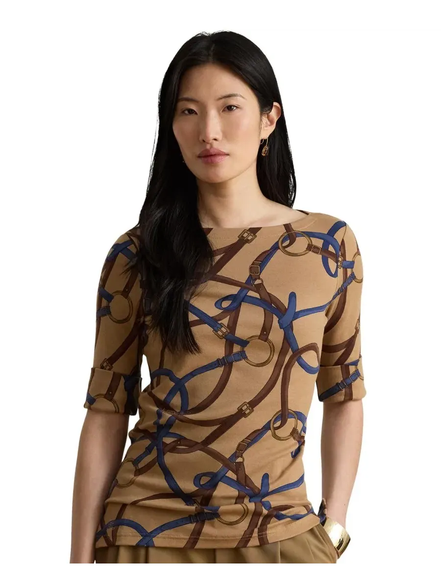 Топ с принтом в стиле конной тематики, с лодочным вырезом и рукавом до локтя Lauren Ralph Lauren — изображение 7 из 8, мульти