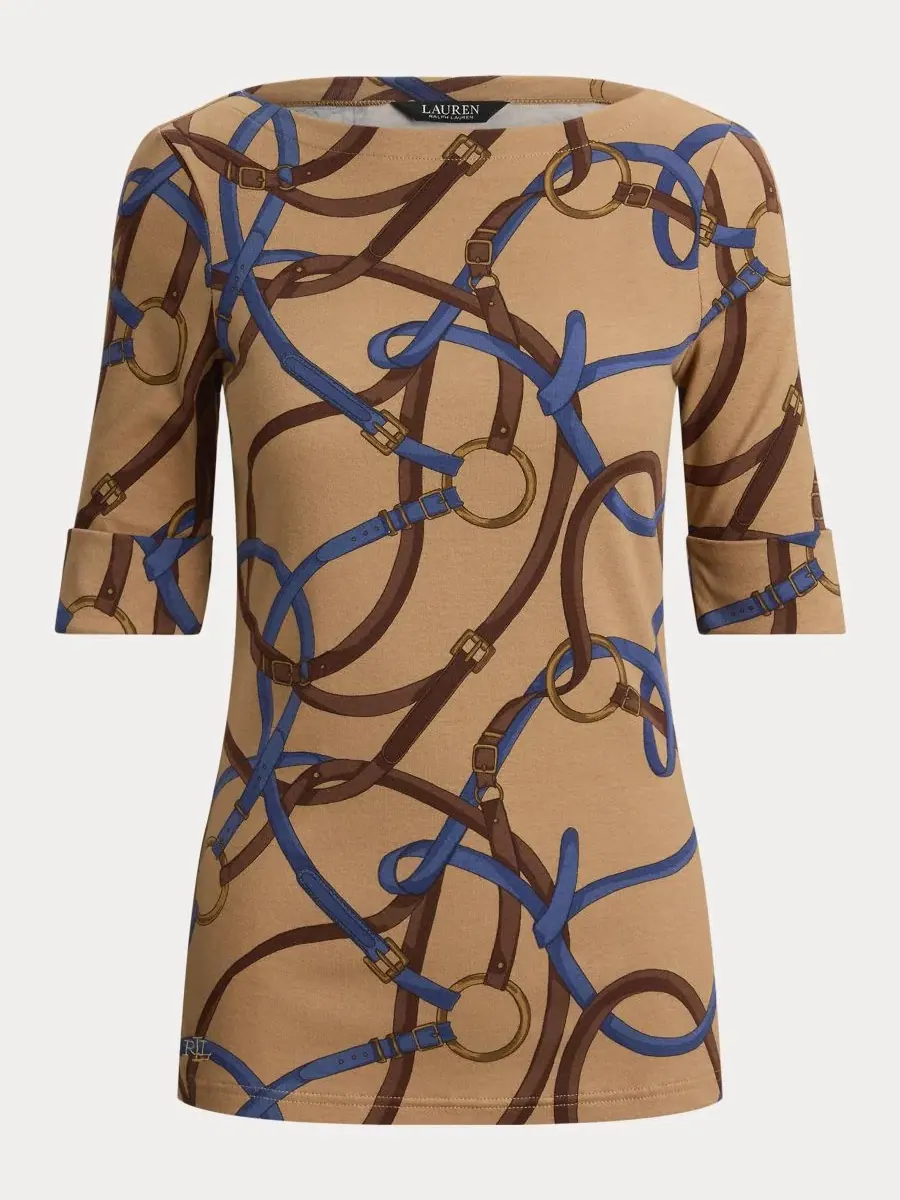 Топ с принтом в стиле конной тематики, с лодочным вырезом и рукавом до локтя Lauren Ralph Lauren — изображение 8 из 8, мульти