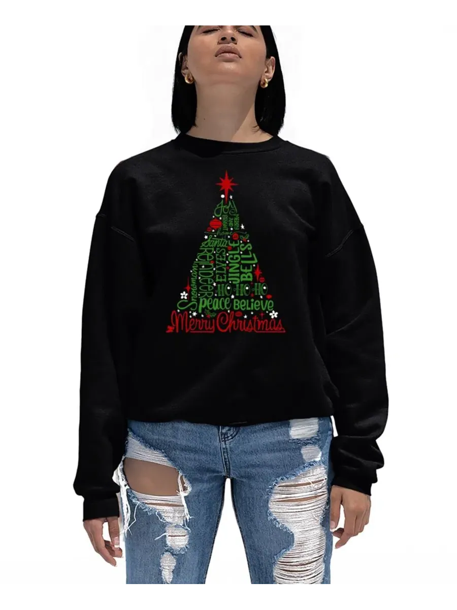 Женский свитшот с рождественским принтом Holiday Christmas Tree Word Art LA Pop Art — изображение 1 из 3, черный