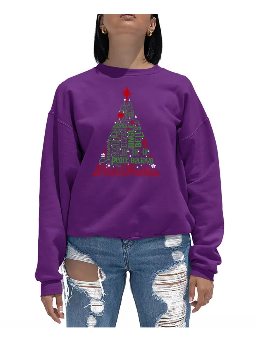 Женский свитшот с принтом Christmas Tree Word Art LA Pop Art — изображение 1 из 2, фиолетовый