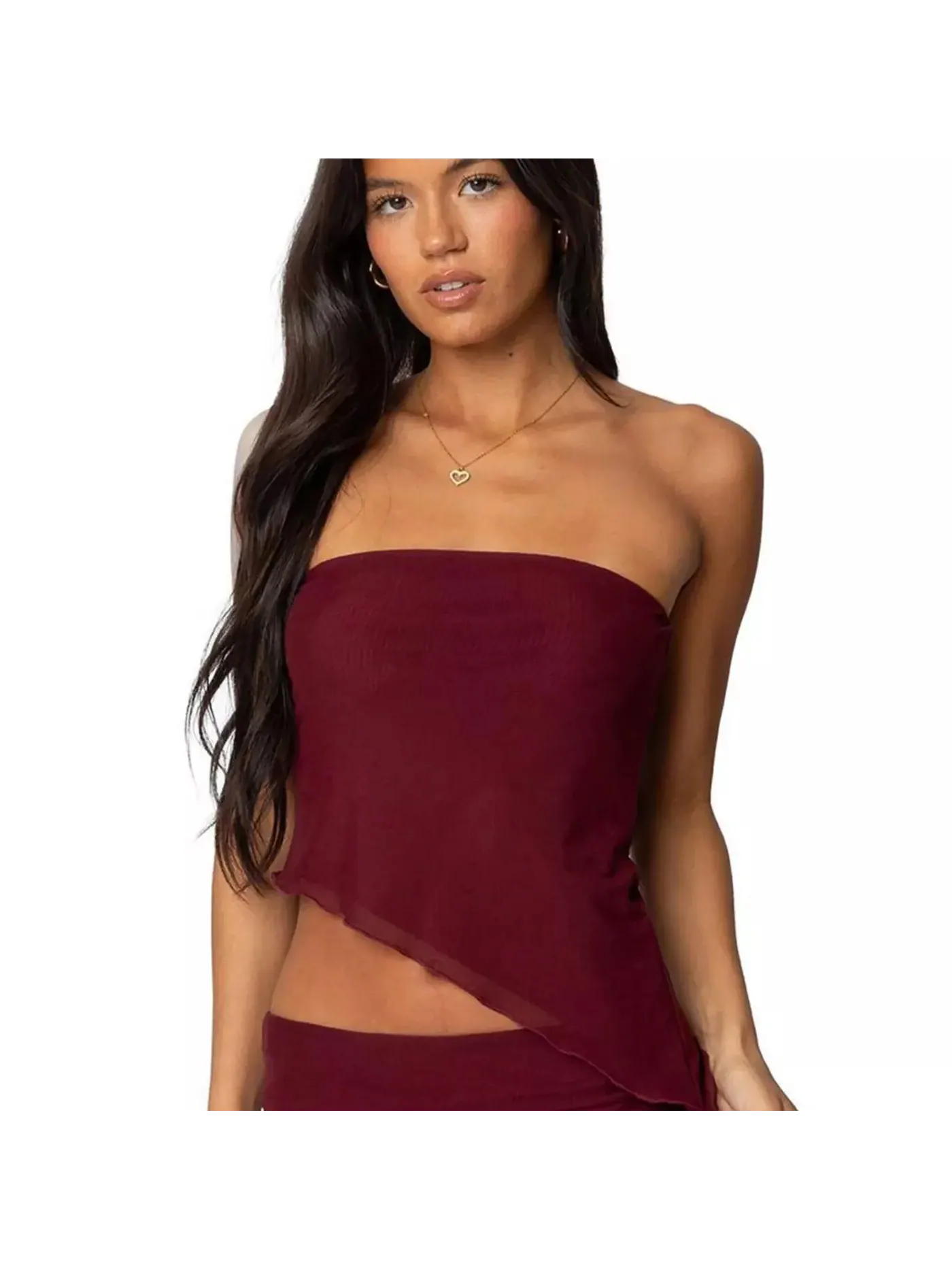 Топ Edikted Vivi Mesh Asymmetric Tube — изображение 1 из 3, бордовый