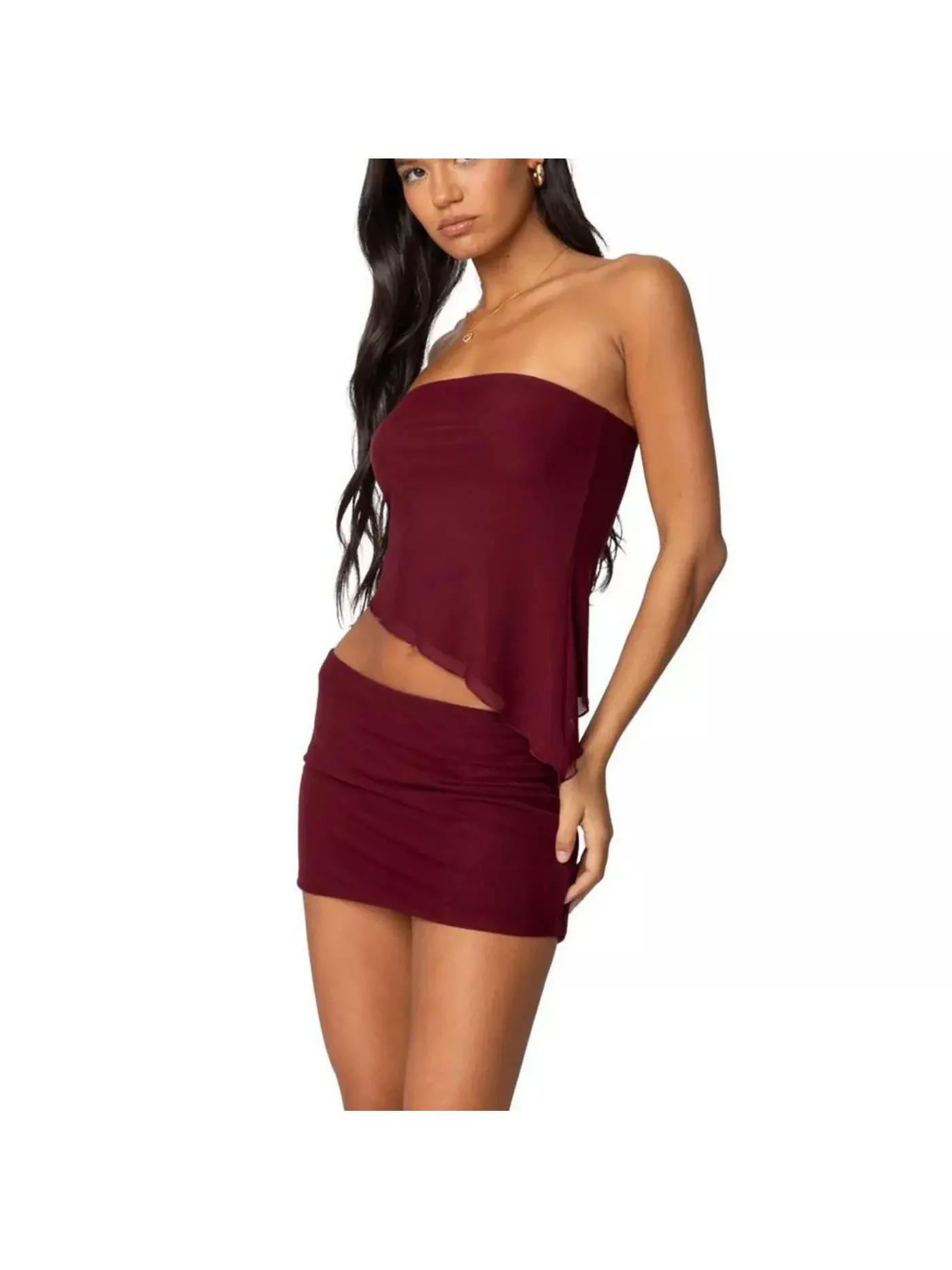 Топ Edikted Vivi Mesh Asymmetric Tube — изображение 3 из 3, бордовый
