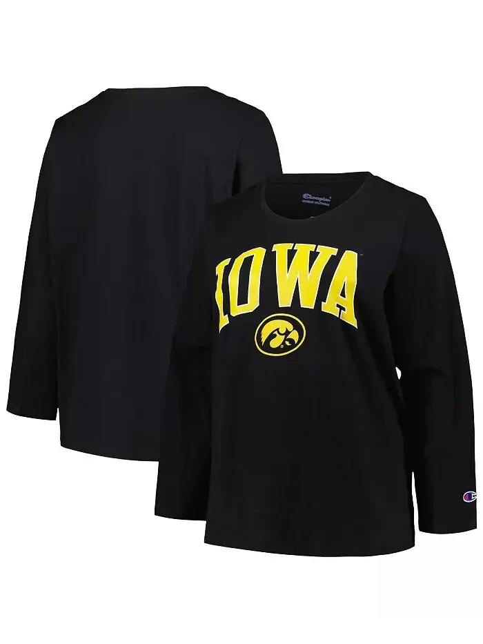 Женская черная футболка Iowa Hawkeyes размера плюс с логотипом Arch Over и длинным рукавом Profile