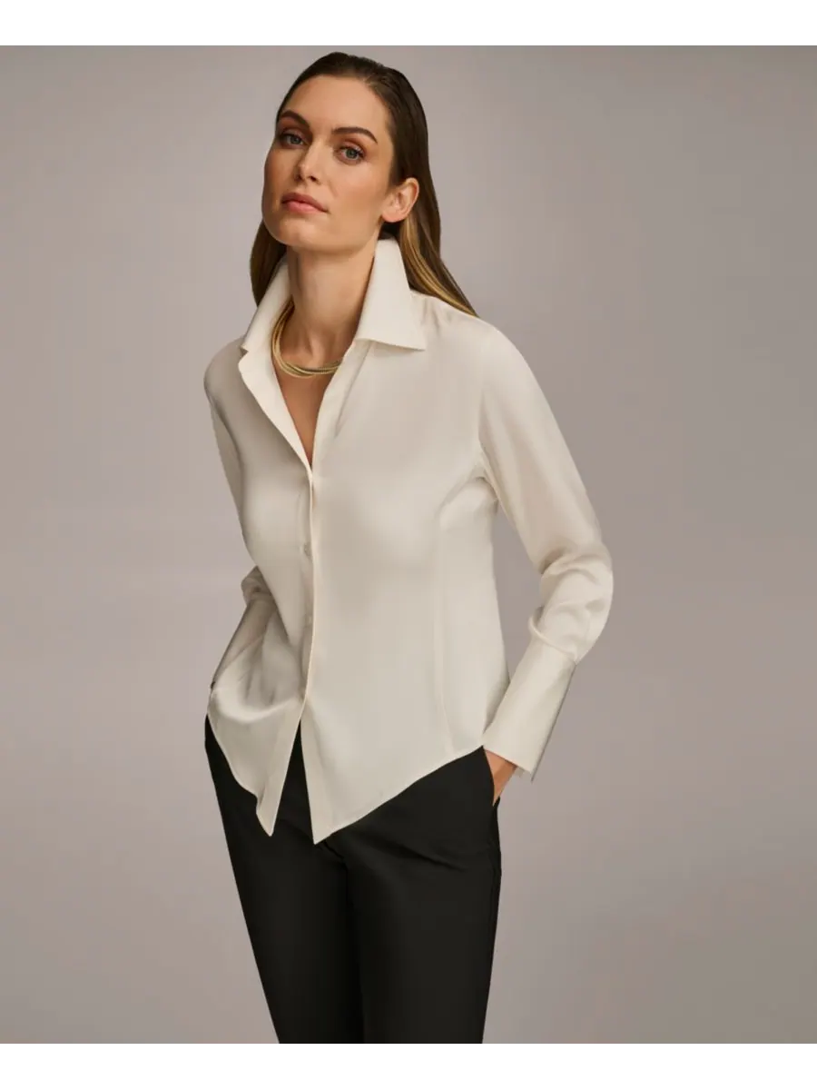 Небольшой топ с пуговицами спереди и заостренным низом Donna Karan New York — изображение 3 из 6, бежевый
