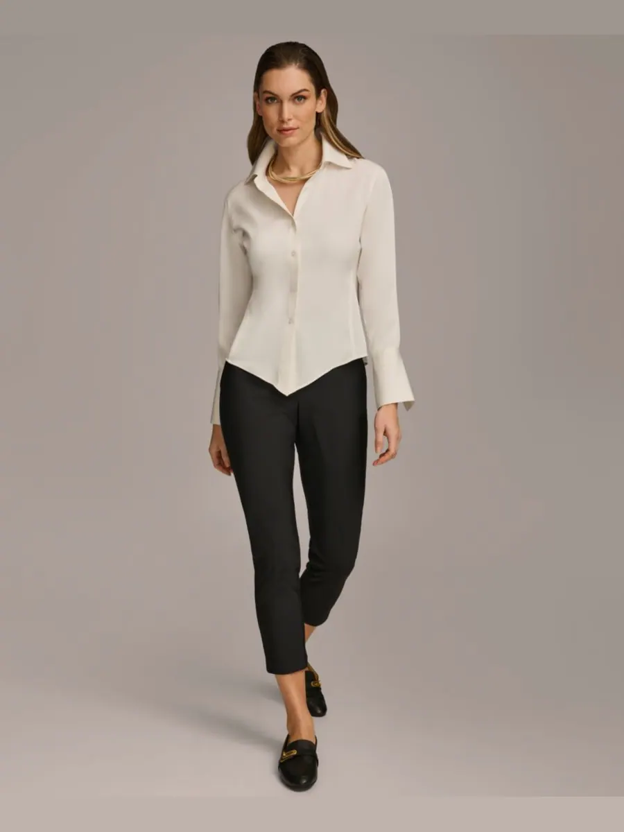 Небольшой топ с пуговицами спереди и заостренным низом Donna Karan New York — изображение 6 из 6, бежевый