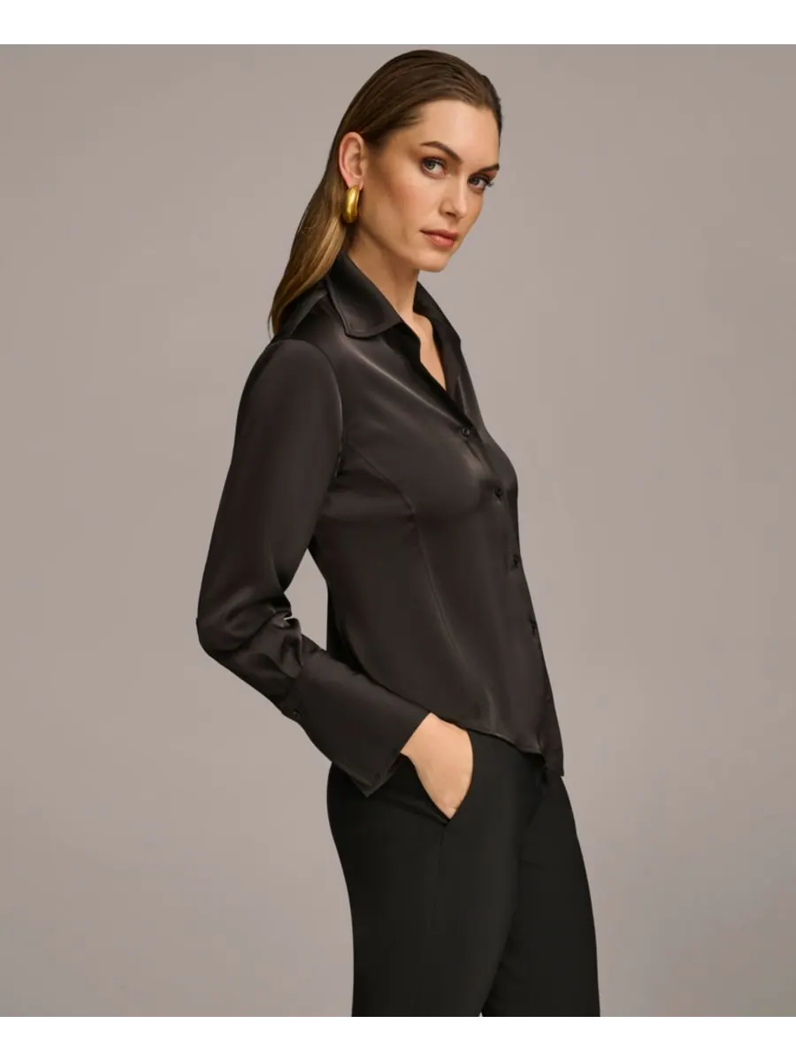 Небольшой топ с пуговицами спереди и заостренным низом Donna Karan New York — изображение 3 из 5, черный