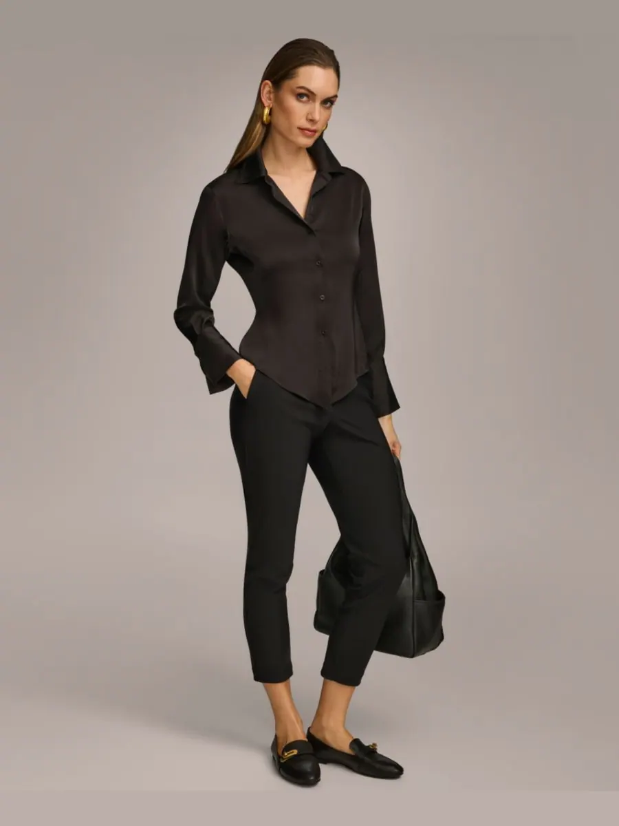 Небольшой топ с пуговицами спереди и заостренным низом Donna Karan New York — изображение 4 из 5, черный