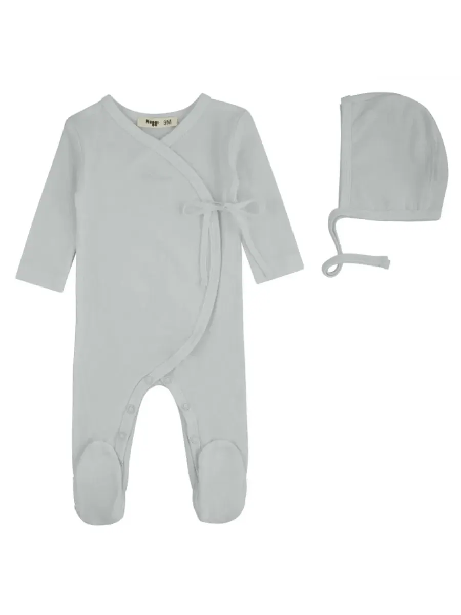 Детский комплект из боди с запахом и чепчика Lil Love Embroidered Wrap Footie And Bonnet NoggiWear — синий
