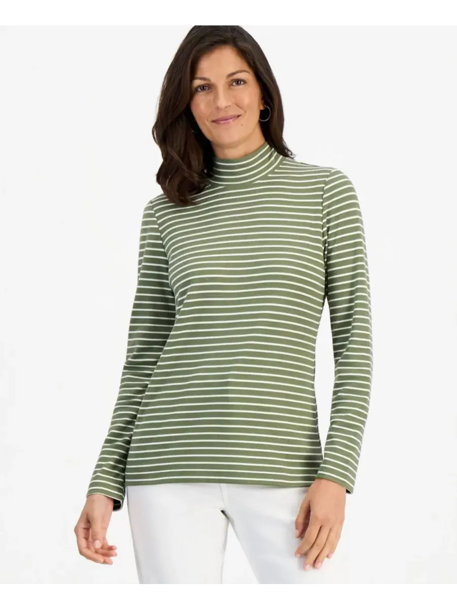 Женская футболка с принтом, с длинным рукавом, модель Mock-Neck Style & Co — изображение 1 из 3, зеленый