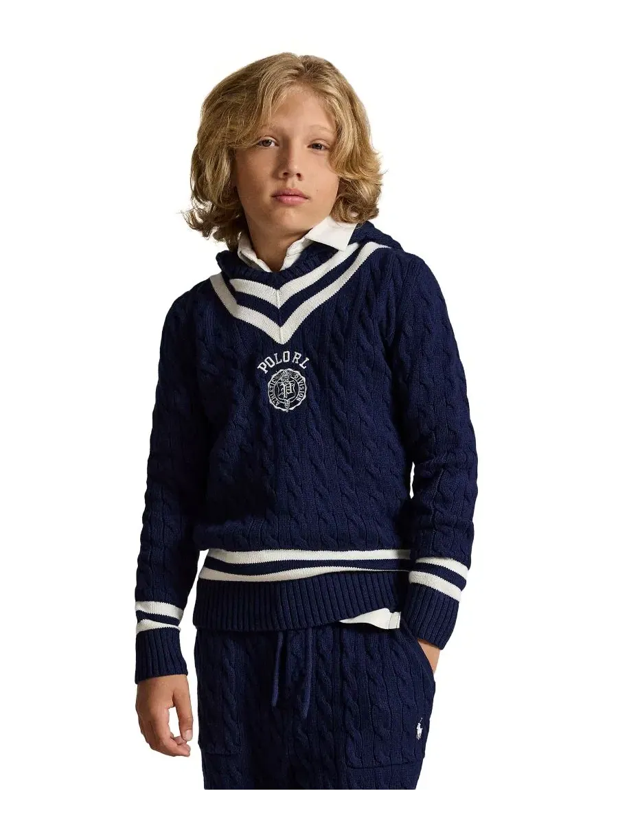 Свитер с капюшоном Boys' 8-20 Hooded Cricket Sweater Polo Ralph Lauren — изображение 1 из 5, темно-синий