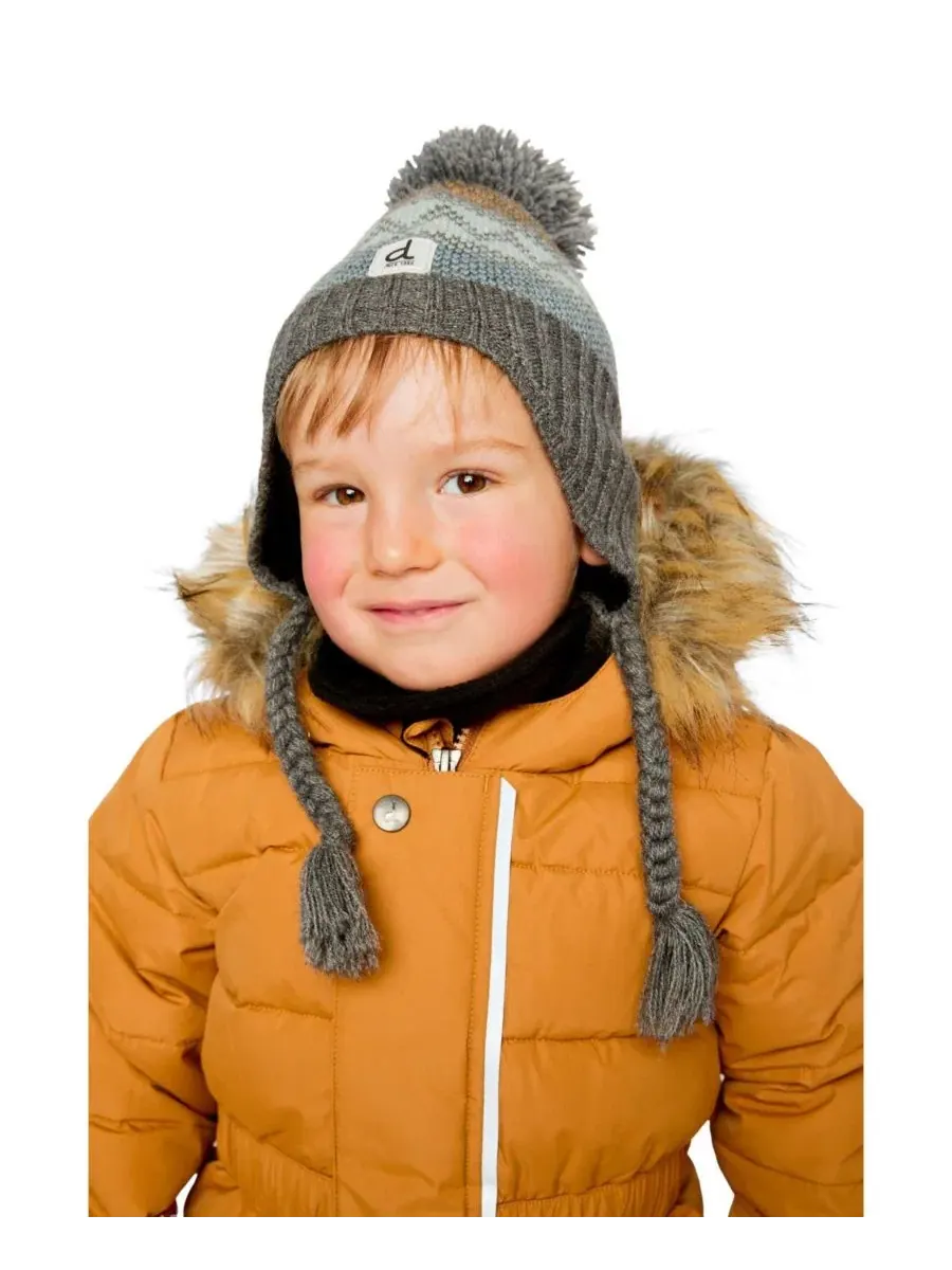 Детская зимняя шапка с помпоном, с ушками, модель Winter Peruvian Knit Hat Deux par Deux — изображение 2 из 5, серый зеленый