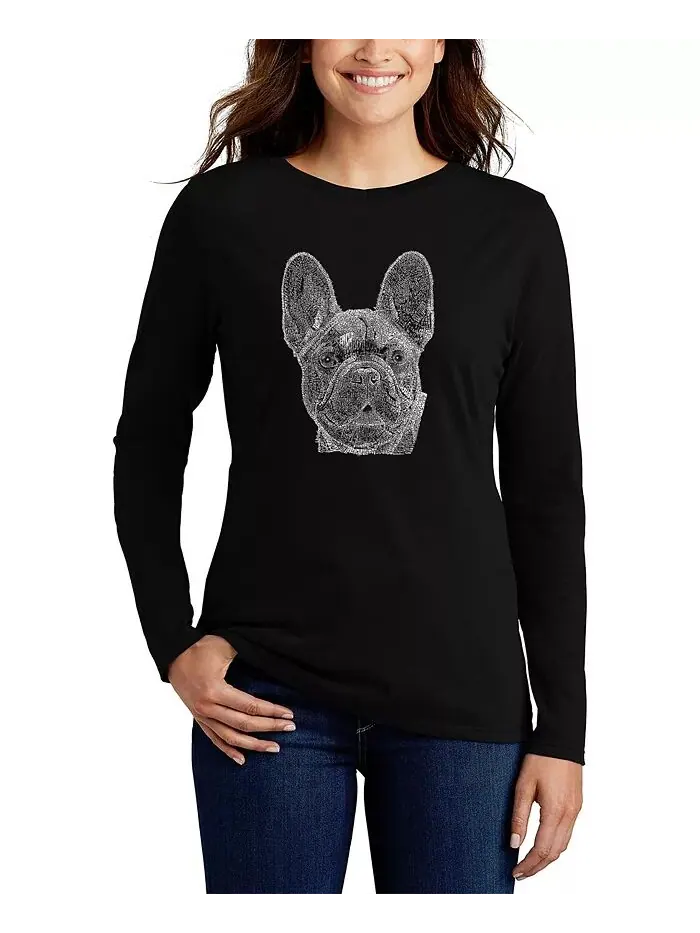 Женская футболка с длинным рукавом и надписью Word Art French Bulldog LA Pop Art — изображение 1 из 3, черный