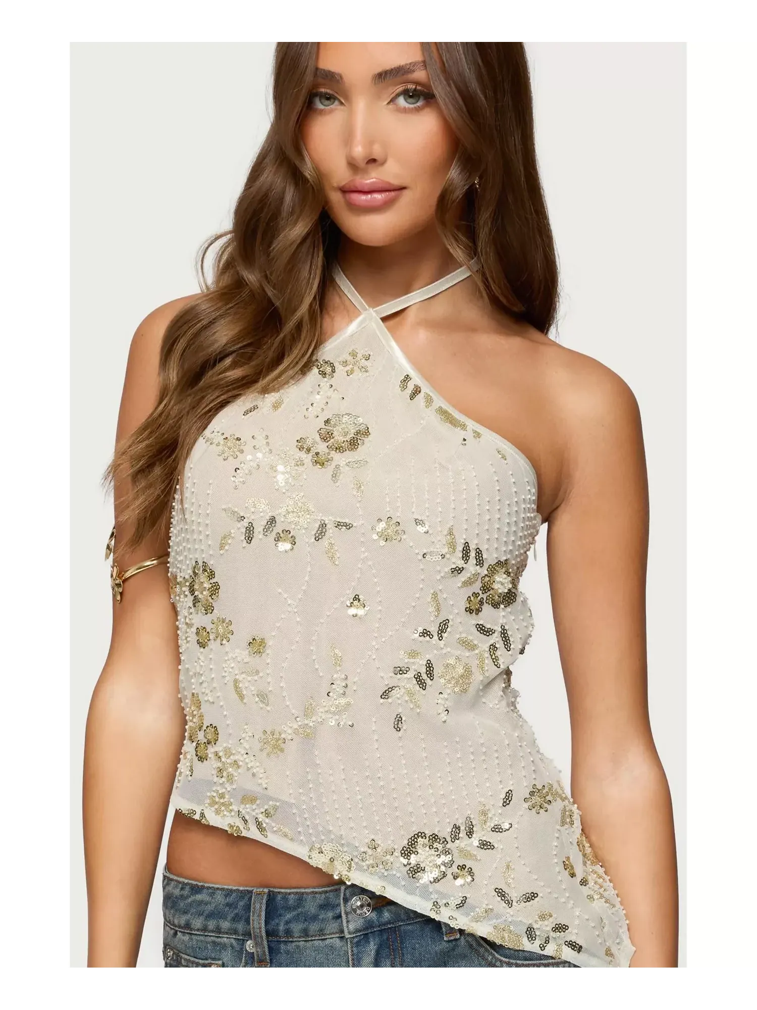 Топ Edikted Beaded Sequin Asymmetric Halter — изображение 1 из 5, бежевый