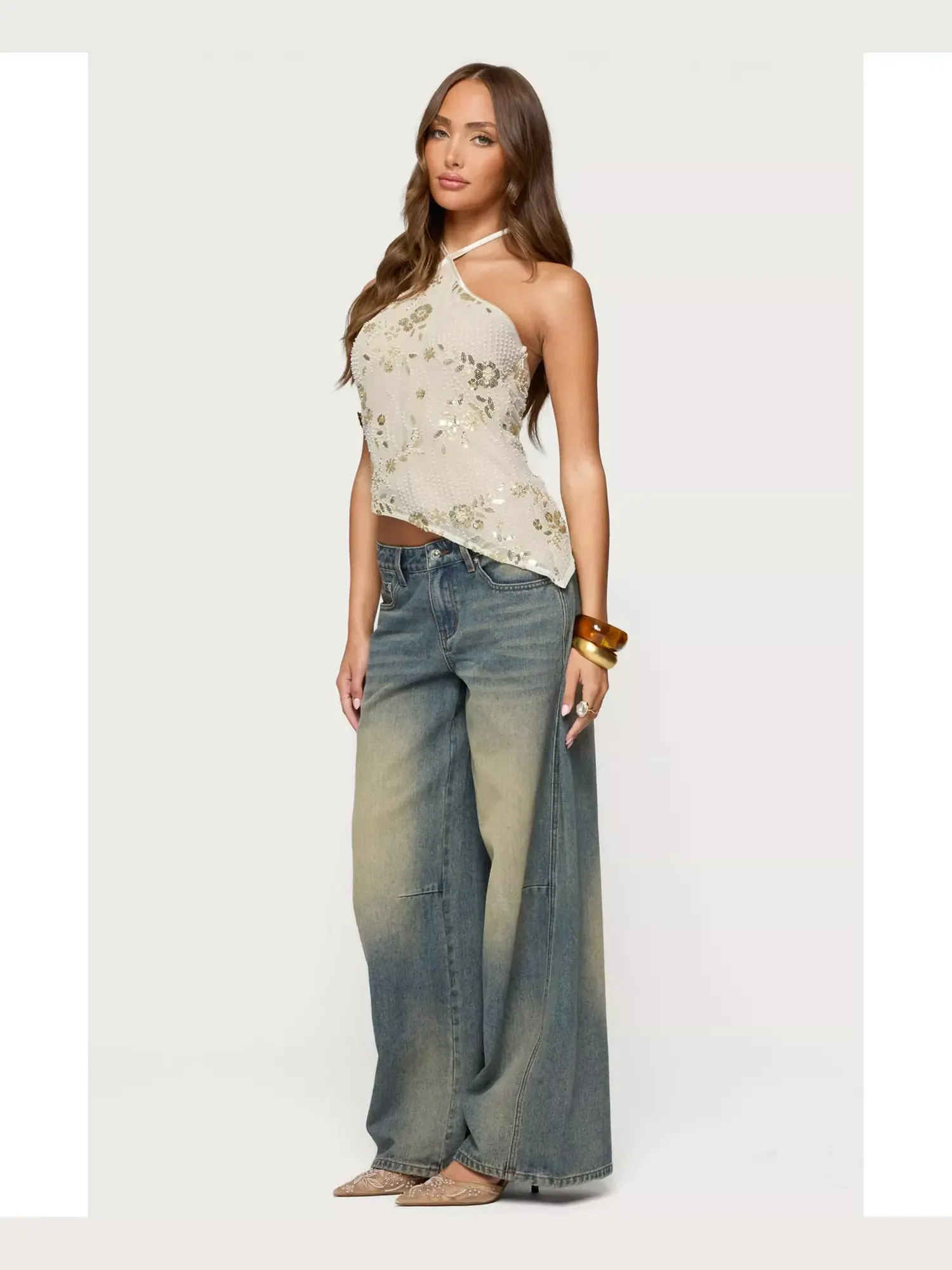 Топ Edikted Beaded Sequin Asymmetric Halter — изображение 3 из 5, бежевый