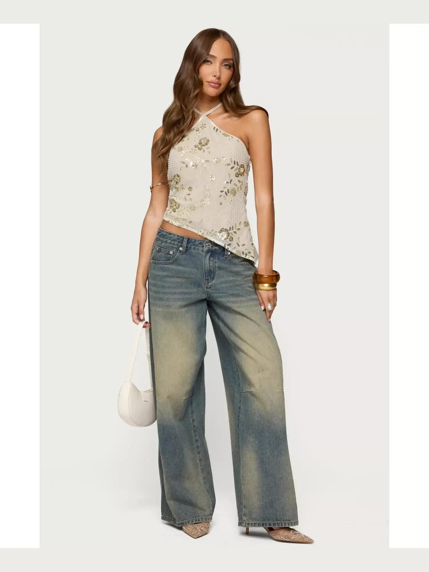 Топ Edikted Beaded Sequin Asymmetric Halter — изображение 4 из 5, бежевый