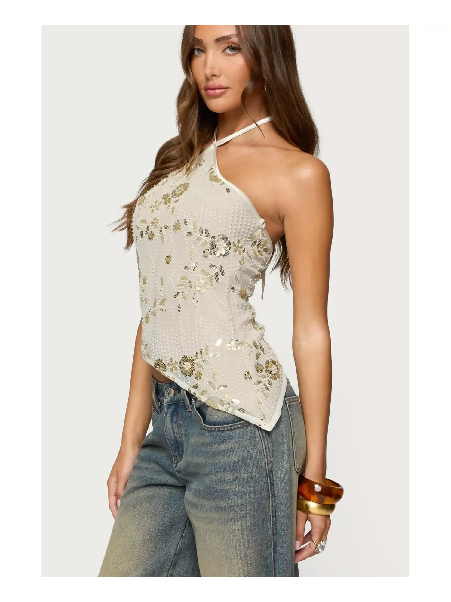 Топ Edikted Beaded Sequin Asymmetric Halter — изображение 5 из 5, бежевый