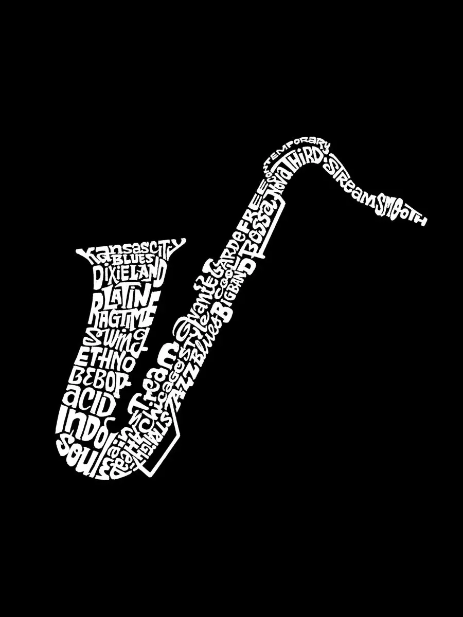 Мужская майка без рукавов с принтом Saxophone Music Word Art LA Pop Art — изображение 4 из 4, черный