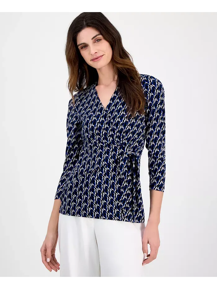 Топ с поясом и принтом Anne Klein — изображение 1 из 1, черный/белый