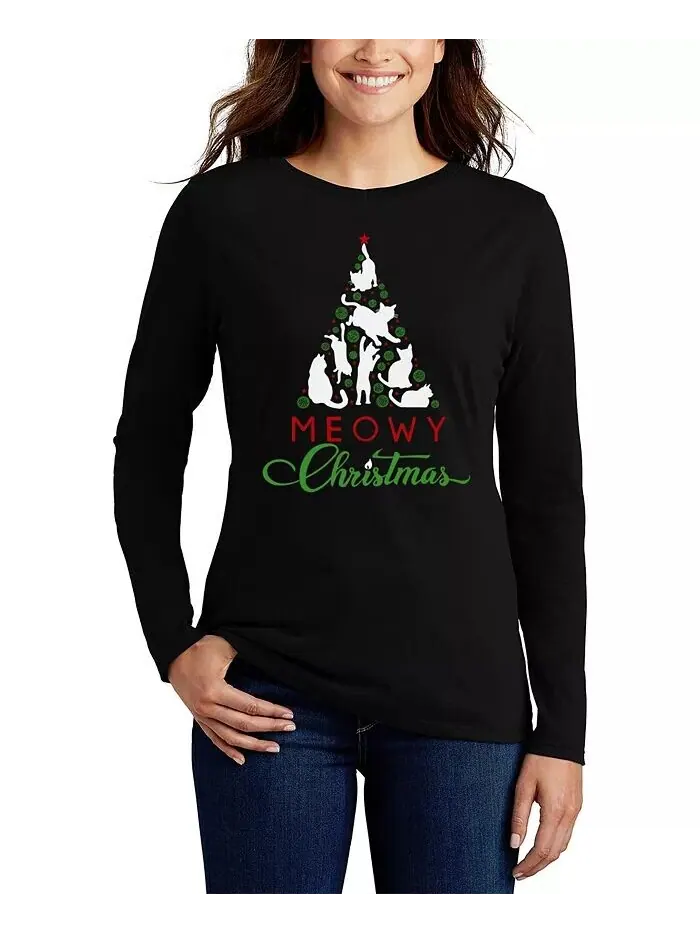 Женская футболка с длинным рукавом Meowy Christmas Tree Word Art LA Pop Art — изображение 1 из 3, черный