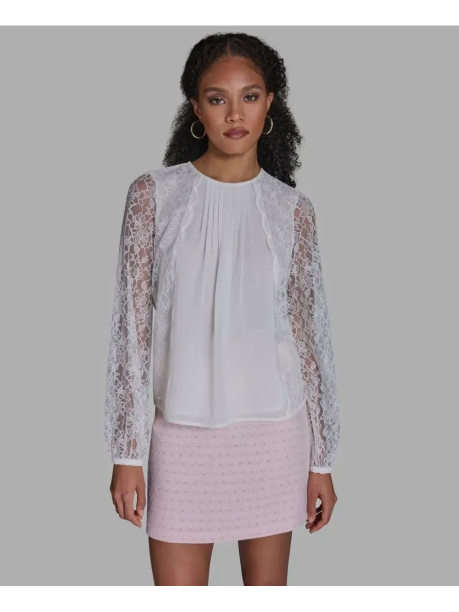 Женская кружевная блузка с круглым вырезом и длинными рукавами BCBG