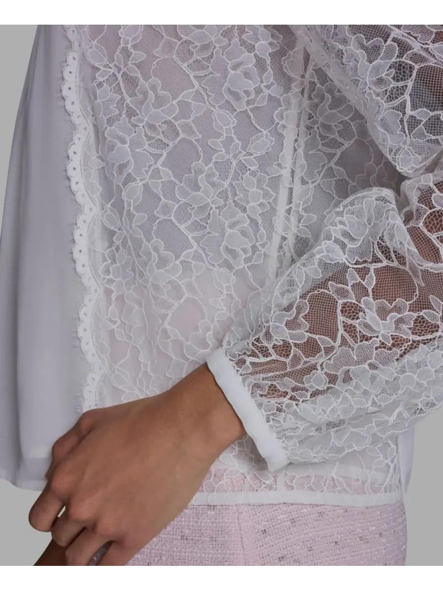 Женская кружевная блузка с круглым вырезом и длинными рукавами BCBG — изображение 4 из 6, белый