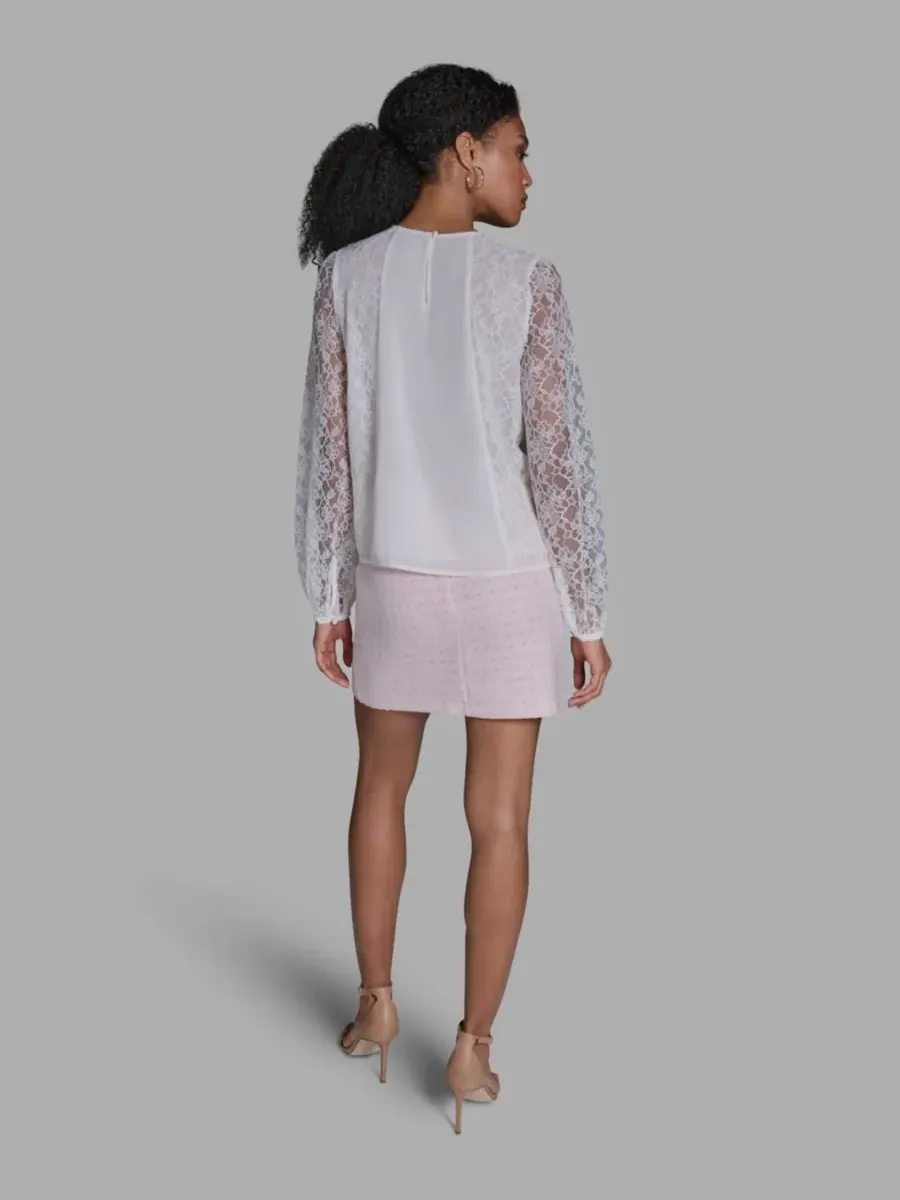 Женская кружевная блузка с круглым вырезом и длинными рукавами BCBG — изображение 6 из 6, белый