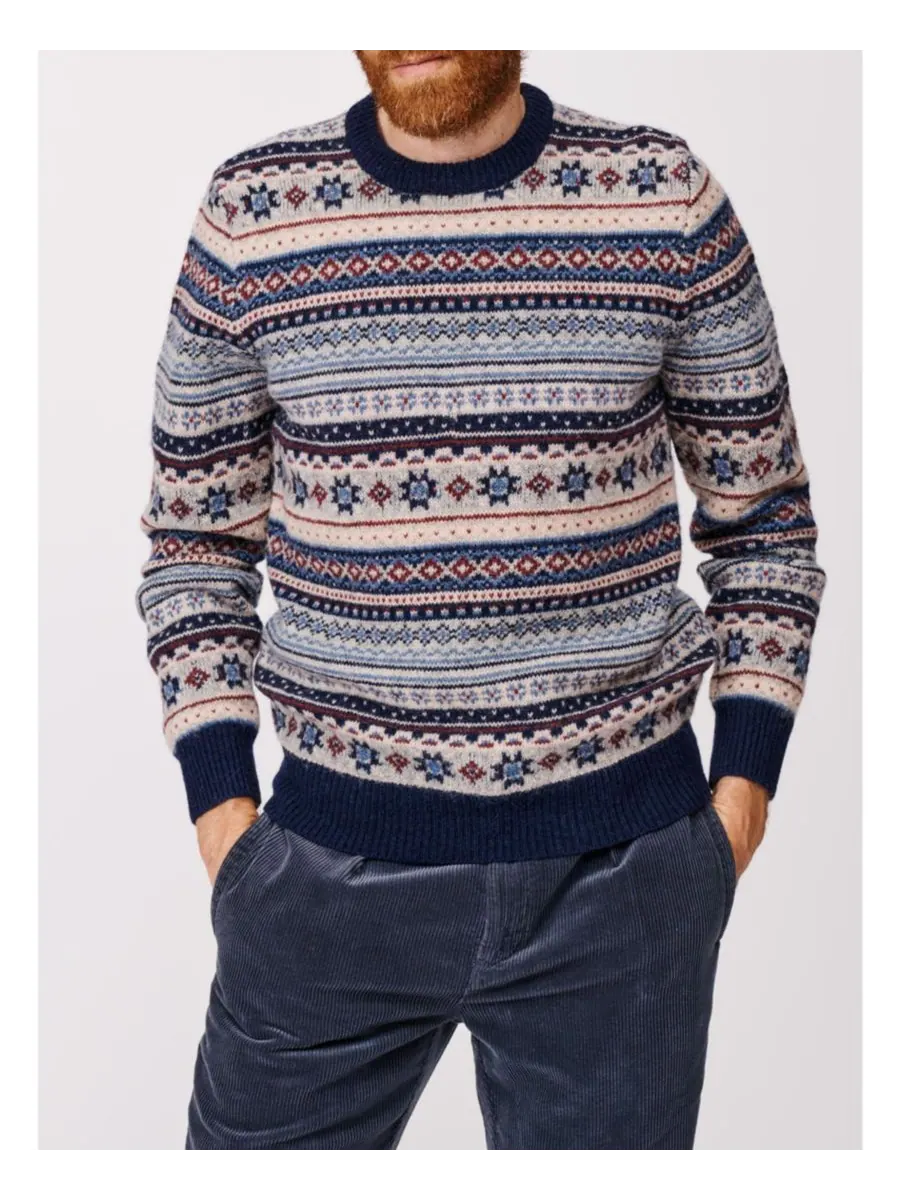 Мужской шерстяной свитер с круглым вырезом и узором Fair Isle Aubin — изображение 5 из 7, синий