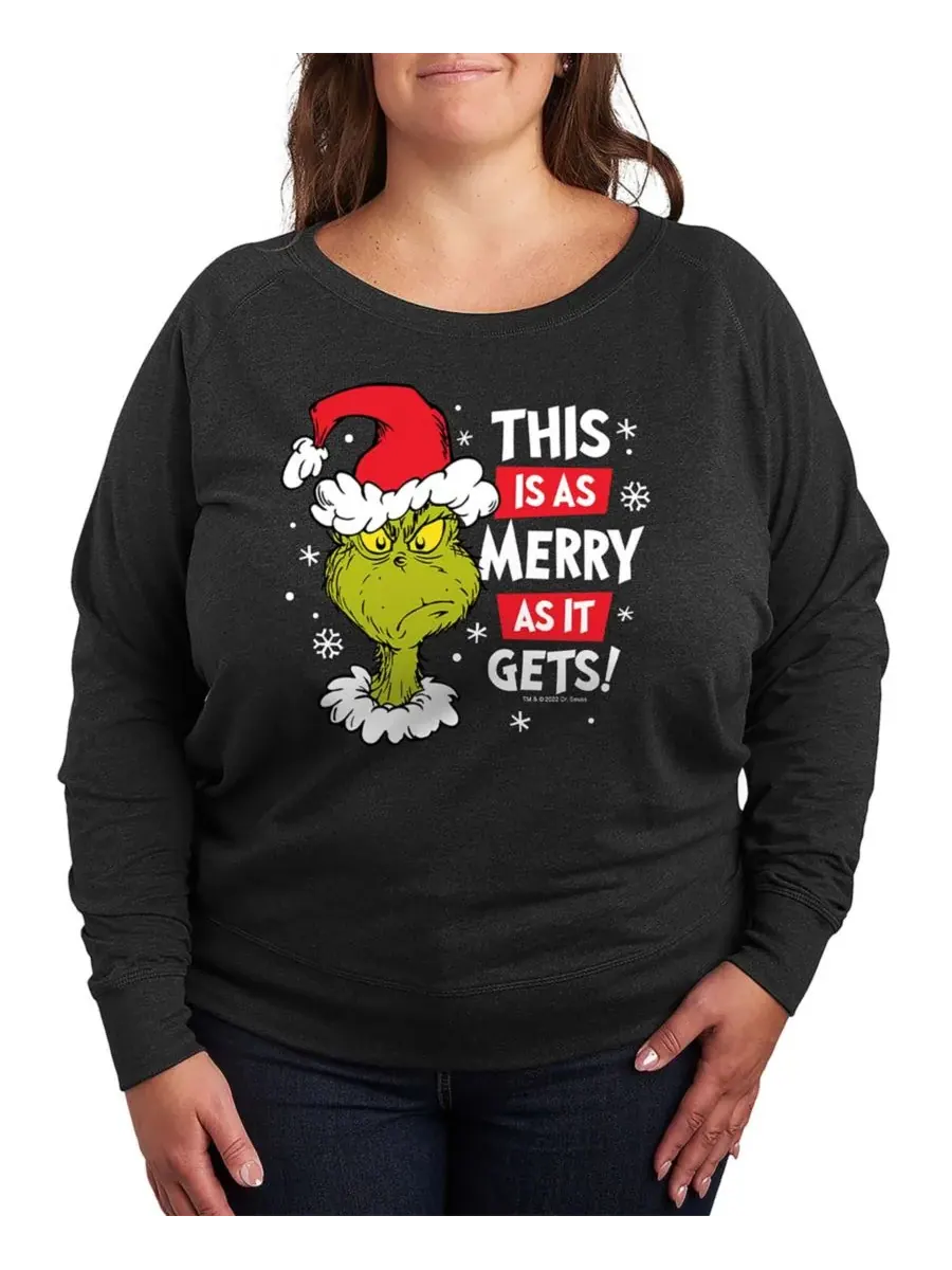 Футболка с длинным рукавом из французского махрового трикотажа "Grinch Merry as it Gets" больших — изображение 1 из 3, серый