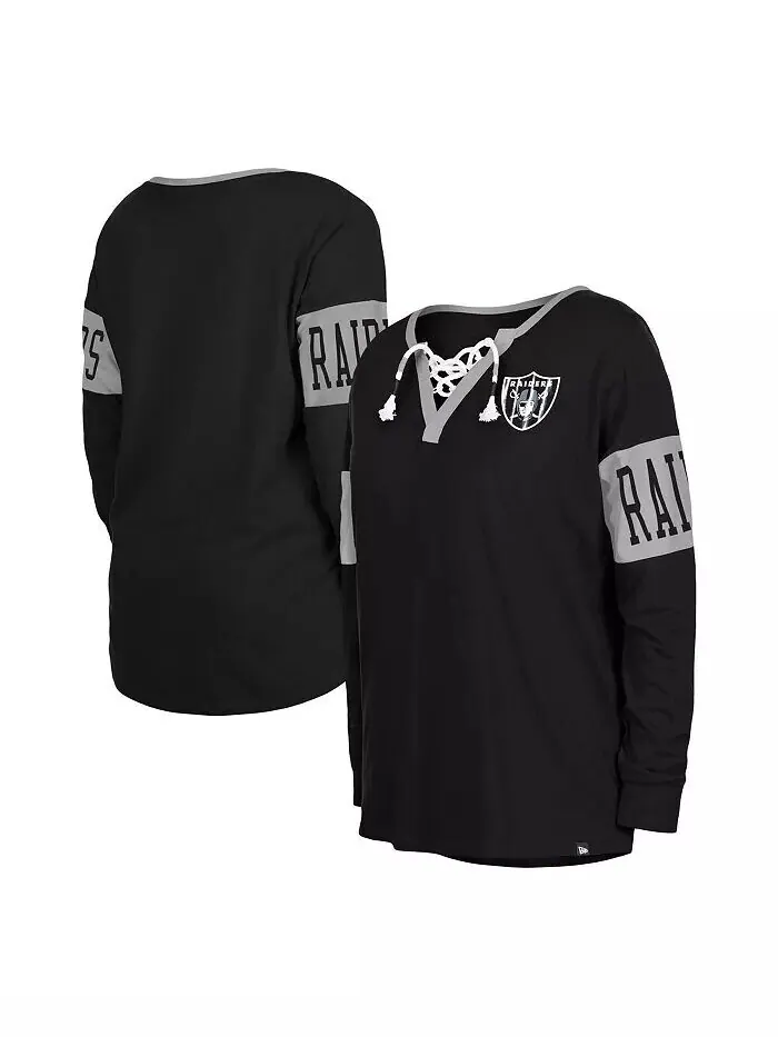 Женская черная футболка с длинным рукавом и вырезом на шнуровке Las Vegas Raiders New Era
