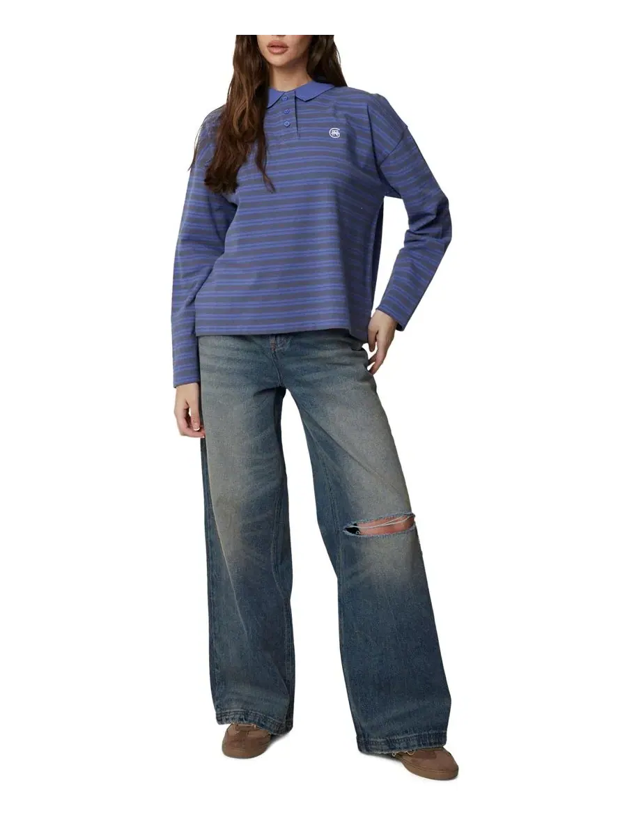 Женская футболка-поло с длинным рукавом и полоской, модель Striped Polo Good For Nothing — изображение 5 из 6, синий