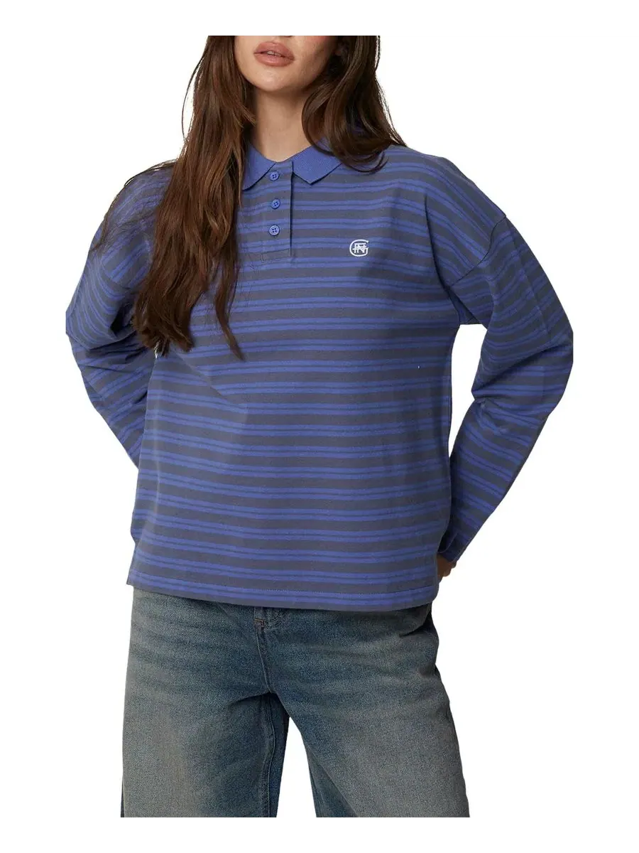 Женская футболка-поло с длинным рукавом и полоской, модель Striped Polo Good For Nothing — изображение 6 из 6, синий