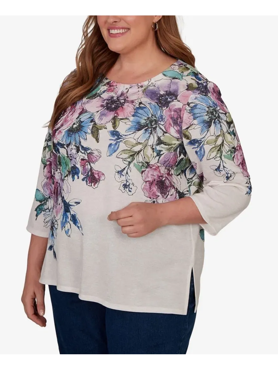 Топ трикотажный с принтом Falling Roses, Plus Size Alfred Dunner — изображение 2 из 5, мульти