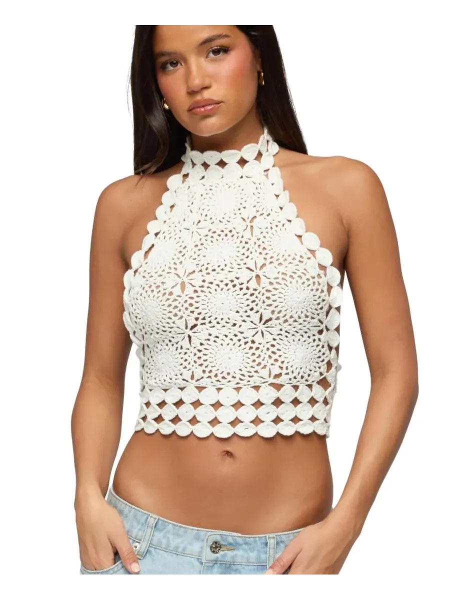 Топ без рукавов с открытой спиной и высоким воротником-хомутом, модель Backless Crochet High Neck — изображение 1 из 5
