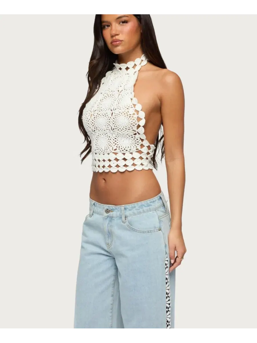 Топ без рукавов с открытой спиной и высоким воротником-хомутом, модель Backless Crochet High Neck — изображение 4 из 5