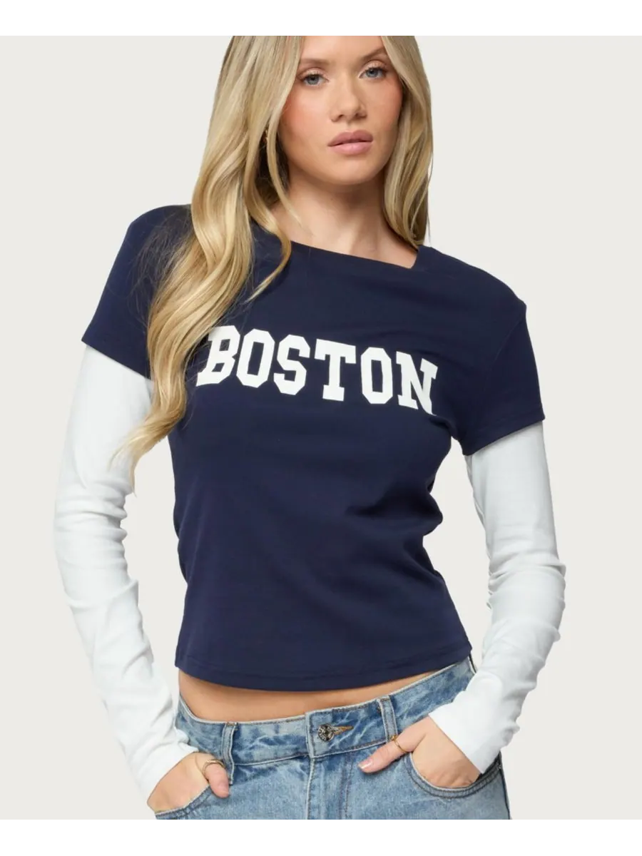 Женская многослойная футболка с длинными рукавами Boston Edikted — изображение 1 из 5, темно-синий--кремовый
