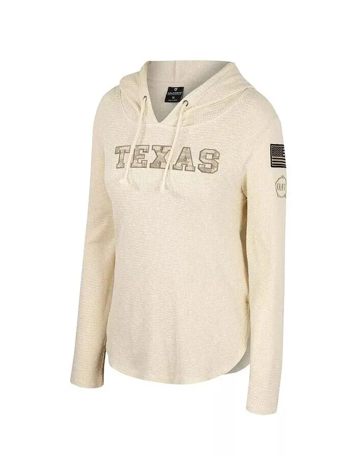 Женская кремовая футболка с капюшоном и длинными рукавами Texas Longhorns OHT в стиле милитари — изображение 3 из 3, бежевый