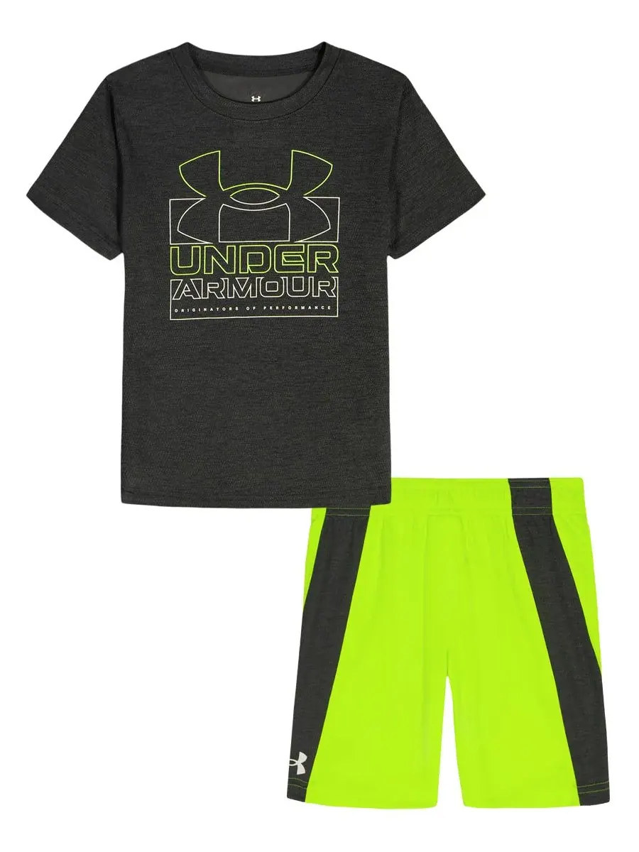 Детский комплект из футболки с круглым вырезом и шорт (2 размера, 2T-7) Under Armour — изображение 1 из 6, черный/неоновый