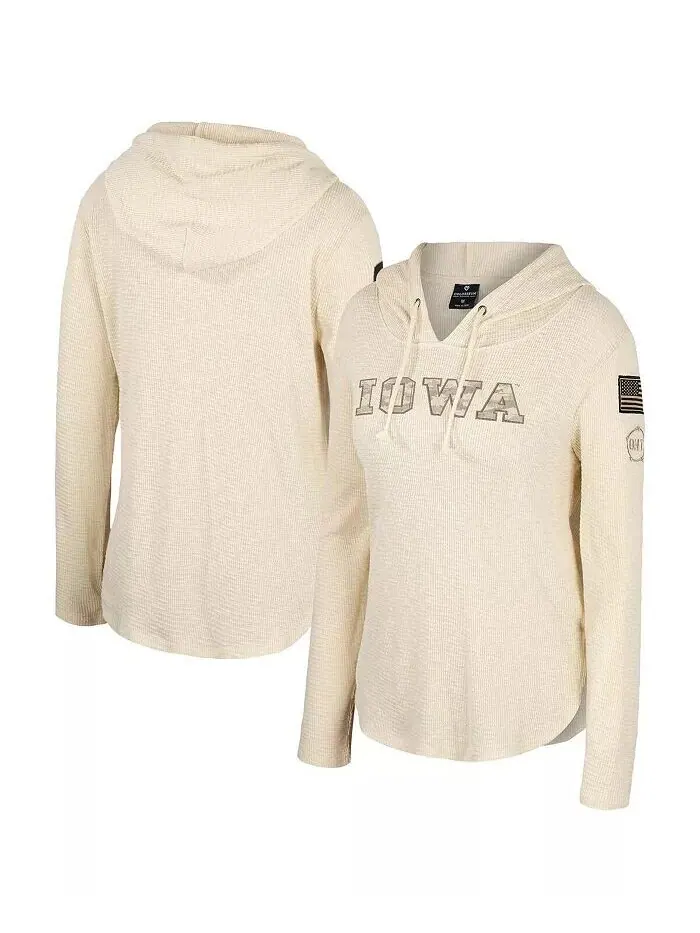 Женская кремовая футболка с капюшоном Iowa Hawkeyes OHT в стиле милитари Casey Raglan с длинными — изображение 1 из 3