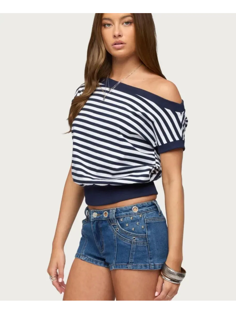 Топ с открытыми плечами Philly Striped Off Shoulder Edikted — изображение 4 из 5, темно-синий--белый