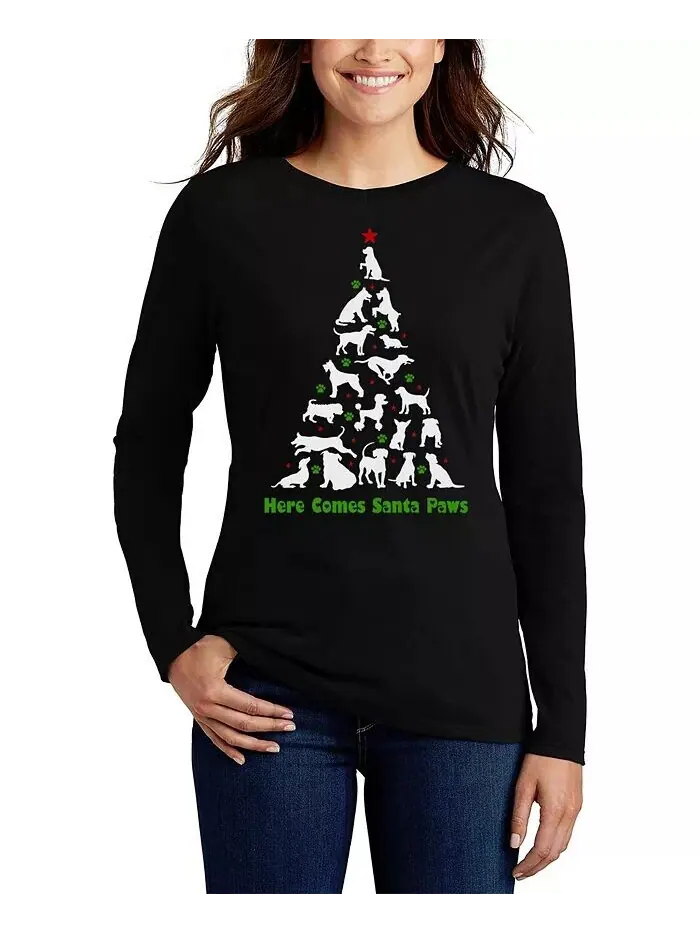 Женская футболка с длинным рукавом Here Comes Santa Paws Art LA Pop Art