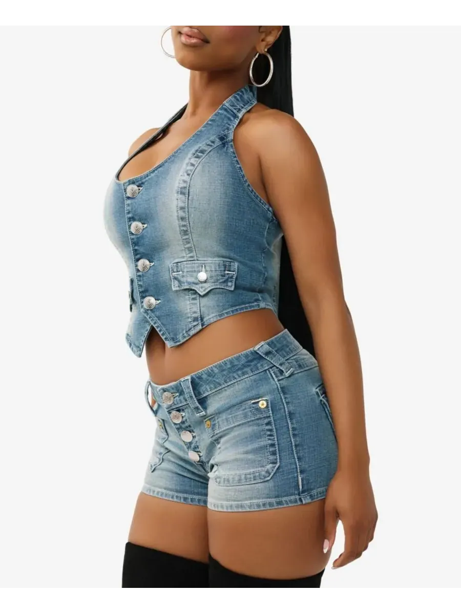 Женский джинсовый жилет-корсаж с вырезом-лодочкой True Religion — изображение 2 из 3, средняя отмывка