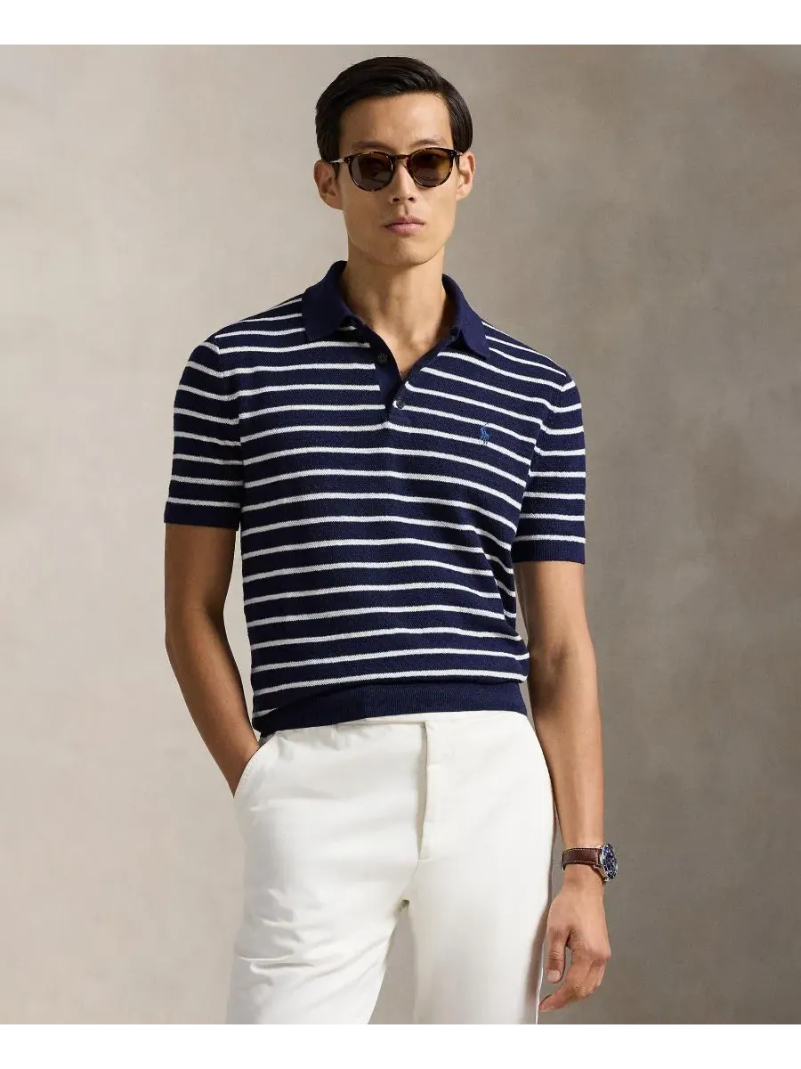 Мужской свитер с коротким рукавом и воротником-поло Polo Ralph Lauren — изображение 1 из 5, яркий темно-синий