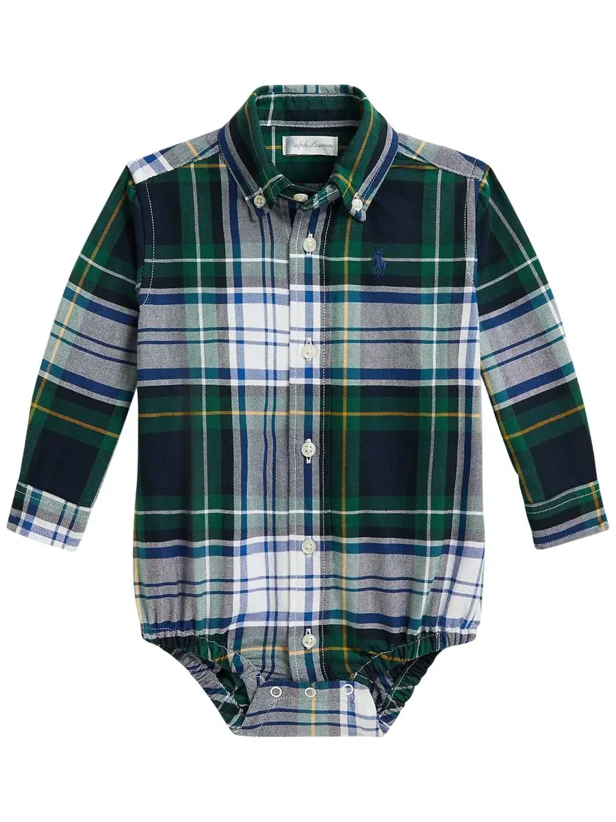 Боди для младенца из хлопковой оксфордской ткани в клетку Polo Ralph Lauren — изображение 1 из 3, белый зеленый мульти