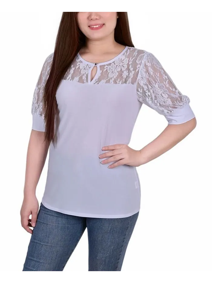 Женский топ с короткими пышными рукавами, кружевными рукавами и кокеткой NY Collection