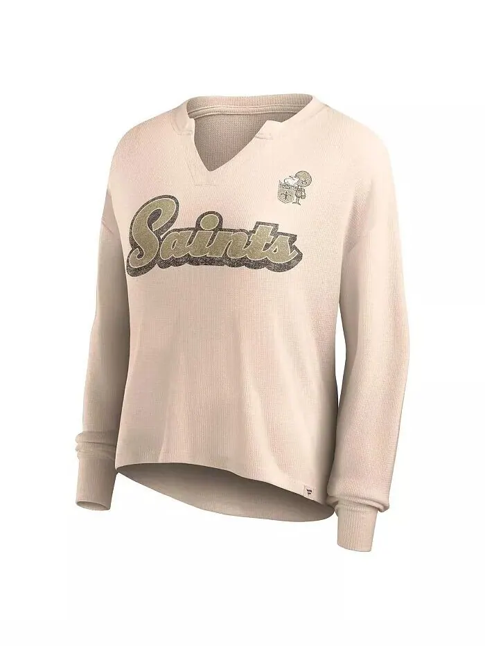 Женская светло-коричневая рваная футболка New Orleans Saints Go For It с вырезом вафельной вязки и — изображение 2 из 3
