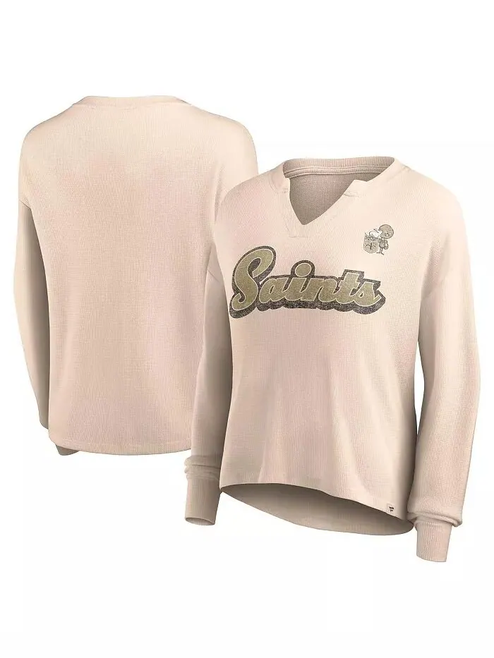 Женская загорелая состаренная футболка New Orleans Saints Go For It с вырезом под горло и вафельным — изображение 1 из 3