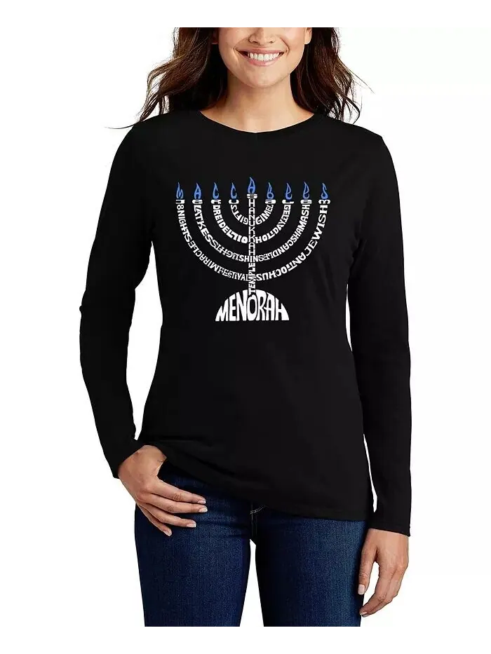 Женская футболка с длинным рукавом и надписью «Menorah Word Art» LA Pop Art
