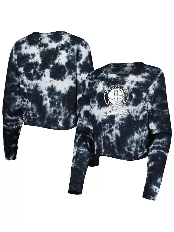 Черная женская укороченная футболка с длинным рукавом Brooklyn Nets Tie Dye New Era